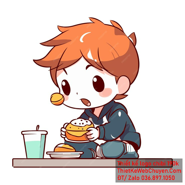 Vẽ chibi ăn vặt bạn nam áo xanh tóc cam ăn bánh burger biểu cảm ngạc nhiên để thiết kế logo