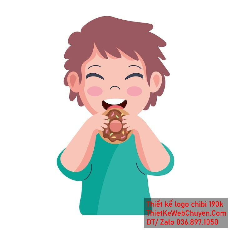 Vẽ chibi ăn vặt bạn nam áo xanh tóc nâu ăn bánh donut biểu cảm vui vẻ để thiết kế logo