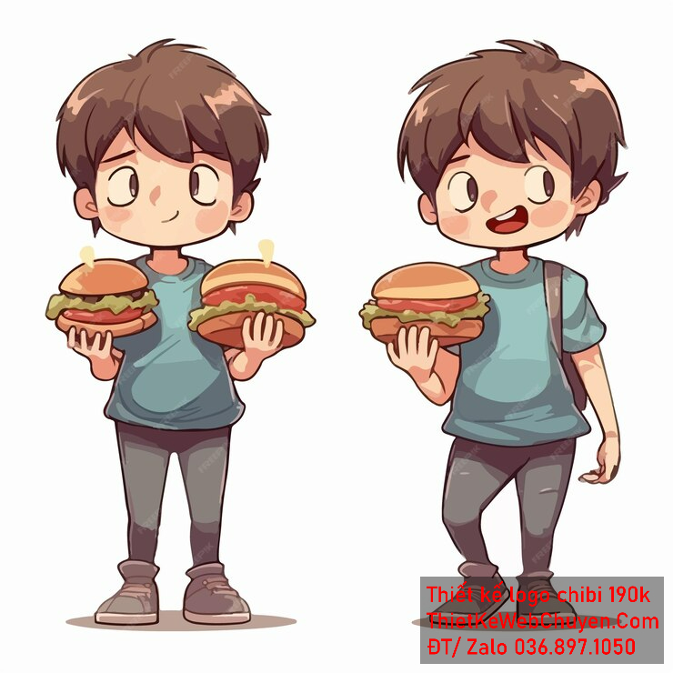 Vẽ chibi ăn vặt bạn nam áo xanh tóc nâu cầm burger biểu cảm vui vẻ để thiết kế logo Vẽ chibi ăn vặt bạn nam áo xanh tóc nâu cầm burger biểu cảm vui vẻ để thiết kế logo