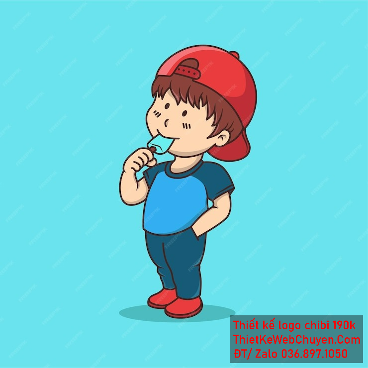 Vẽ chibi ăn vặt bạn nam áo xanh, tóc nâu, đội mũ đỏ, cầm que kẹo với biểu cảm suy tư để thiết kế logo