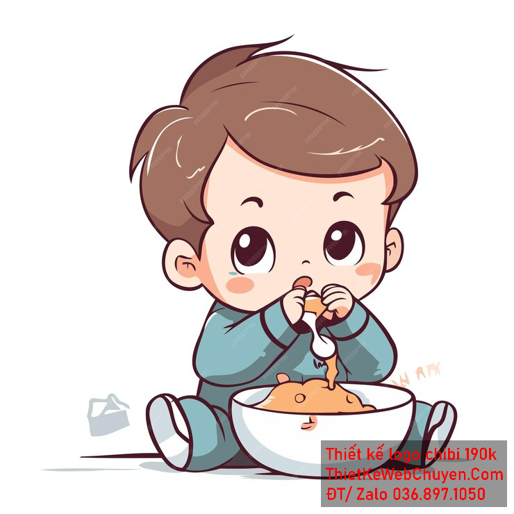Vẽ chibi ăn vặt bạn nam áo xanh tóc nâu ngồi ăn mì biểu cảm dễ thương để thiết kế logo