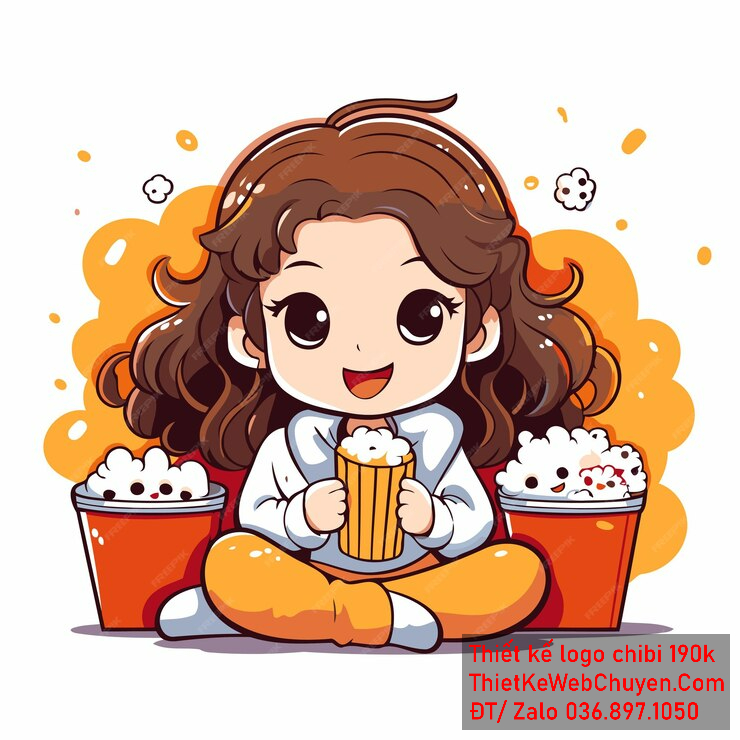 Vẽ chibi ăn vặt bé gái áo trắng tóc nâu xoăn cầm ly bỏng ngô biểu cảm vui vẻ để thiết kế logo