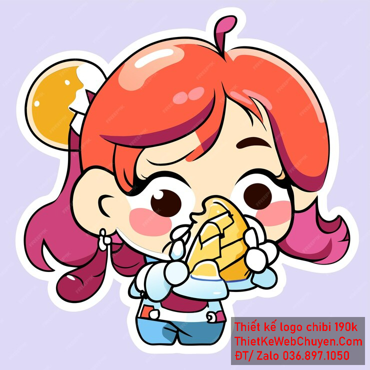 Vẽ chibi ăn vặt bé gái áo xanh da trời, tóc đỏ, cầm bánh mì, biểu cảm dễ thương để thiết kế logo Vẽ chibi ăn vặt bé gái áo xanh da trời tóc đỏ cầm bánh mì biểu cảm dễ thương để thiết kế logo