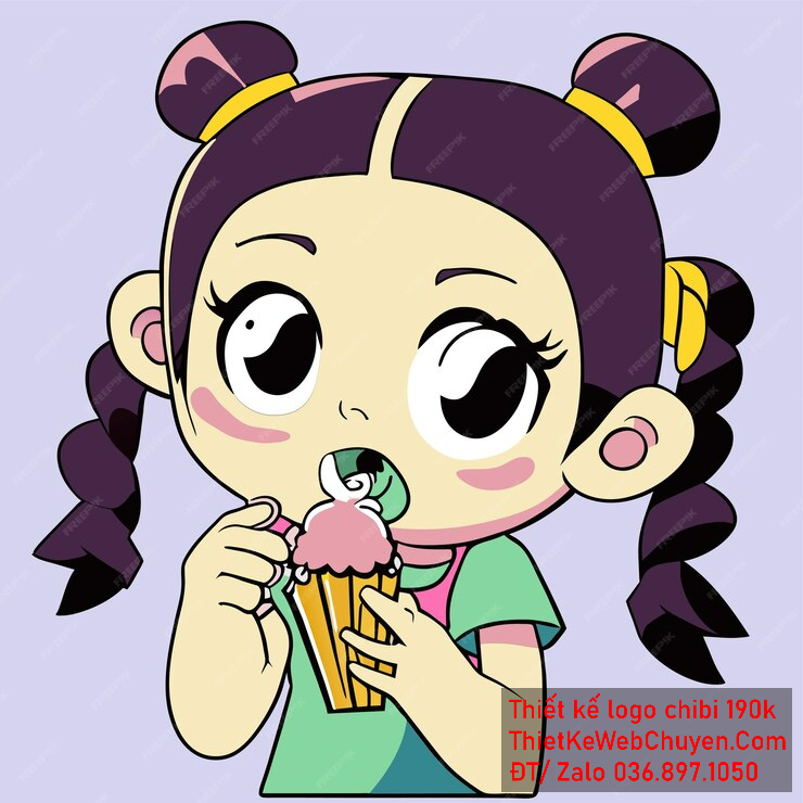 Vẽ chibi ăn vặt bé gái áo xanh lá, tóc tết hai bên, cầm kem, biểu cảm ngạc nhiên để thiết kế logo Vẽ chibi ăn vặt bé gái áo xanh lá tóc tết hai bên cầm kem biểu cảm ngạc nhiên để thiết kế logo