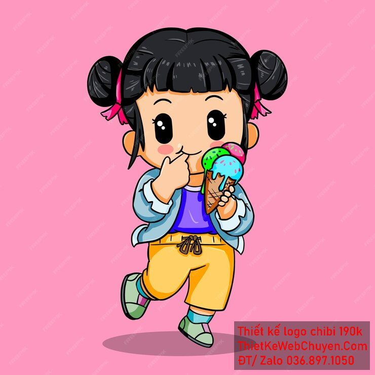 Vẽ chibi ăn vặt bé gái áo xanh nhạt, tóc đen, cầm kem và biểu cảm vui tươi để thiết kế logo. Vẽ chibi ăn vặt bé gái áo xanh nhạt, tóc đen, cầm kem và biểu cảm vui tươi để thiết kế logo.