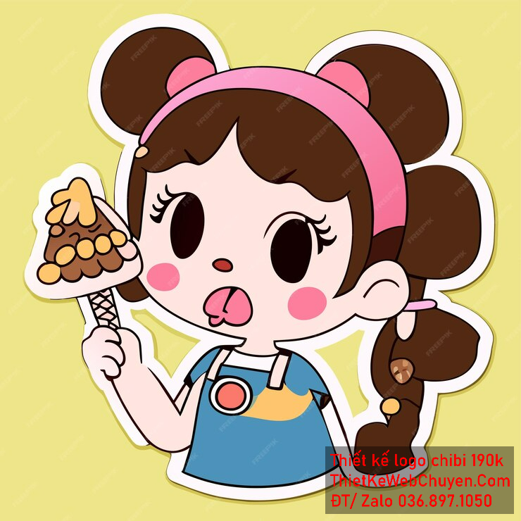 Vẽ chibi ăn vặt bé gái áo xanh, tóc nâu, đang cầm kem với biểu cảm tinh nghịch để thiết kế logo Vẽ chibi ăn vặt bé gái áo xanh, tóc nâu, đang cầm kem với biểu cảm tinh nghịch để thiết kế logo