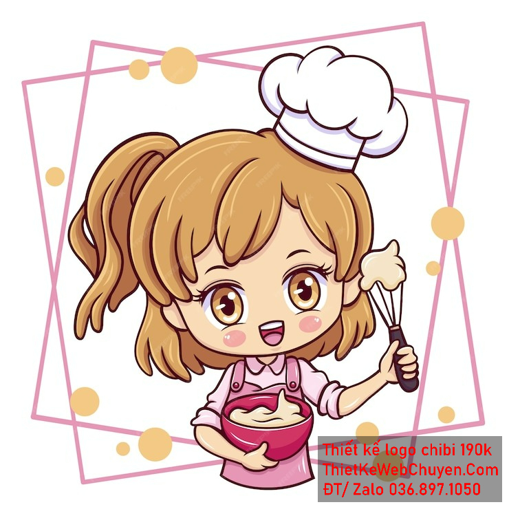 Vẽ chibi ăn vặt bé gái mặc áo hồng tóc vàng nâu tay cầm tô và phới mặt cười vui vẻ để thiết kế logo