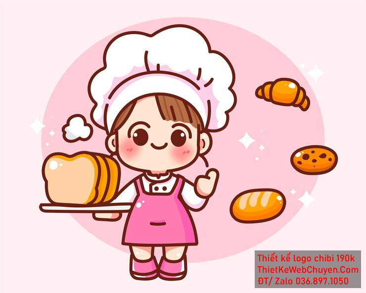 Vẽ chibi ăn vặt bé gái màu áo hồng, tóc nâu ngắn, đang phục vụ bánh mì, biểu cảm vui vẻ để thiết kế logo