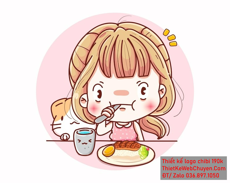 Vẽ chibi ăn vặt bé gái với áo hồng, tóc nâu, đang ăn và biểu cảm dễ thương để thiết kế logo Vẽ chibi ăn vặt bé gái với áo hồng tóc nâu đang ăn và biểu cảm dễ thương để thiết kế logo