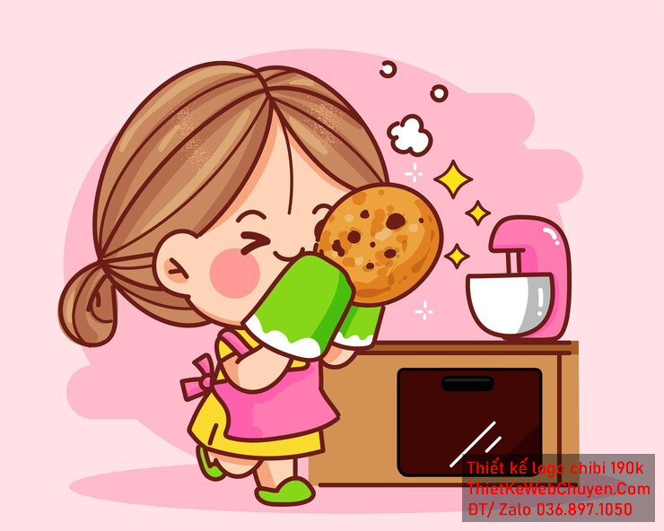 Vẽ chibi ăn vặt bé gái với áo phông hồng, tóc nâu sáng, hành động cầm bánh quy mới nướng, biểu cảm phấn khởi để thiết kế logo. Vẽ chibi ăn vặt bé gái với áo phông hồng, tóc nâu sáng, hành động cầm bánh quy mới nướng, biểu cảm phấn khởi để thiết kế logo.