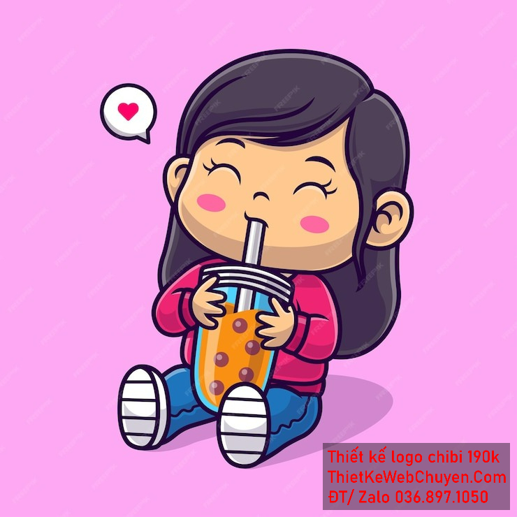 Vẽ chibi ăn vặt bé gái với áo sweater đỏ tóc nâu đen đang cầm ly trà sữa và biểu cảm hài lòng để thiết kế logo.