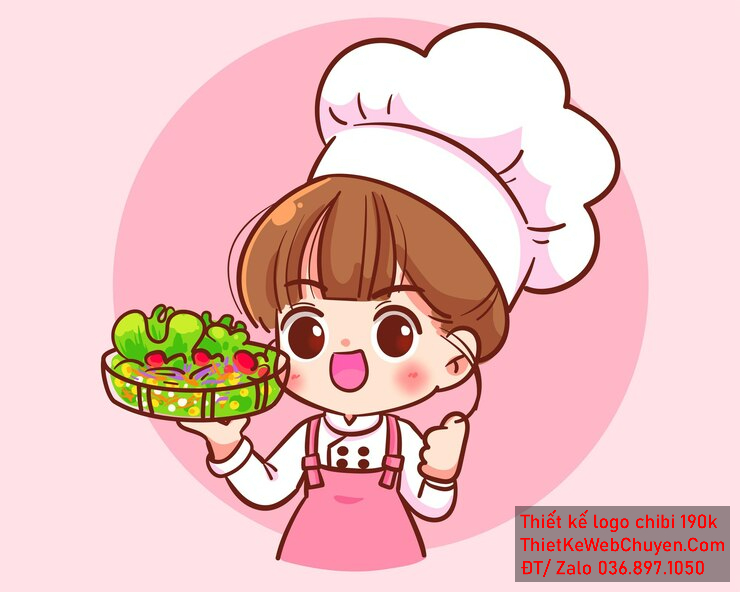 Vẽ chibi ăn vặt bé gái với áo trắng, tạp dề hồng, tóc nâu sáng, hành động cầm đĩa salad và biểu cảm vui vẻ để thiết kế logo. Vẽ chibi ăn vặt bé gái với áo trắng tạp dề hồng tóc nâu sáng hành động cầm đĩa salad và biểu cảm vui vẻ để thiết kế logo