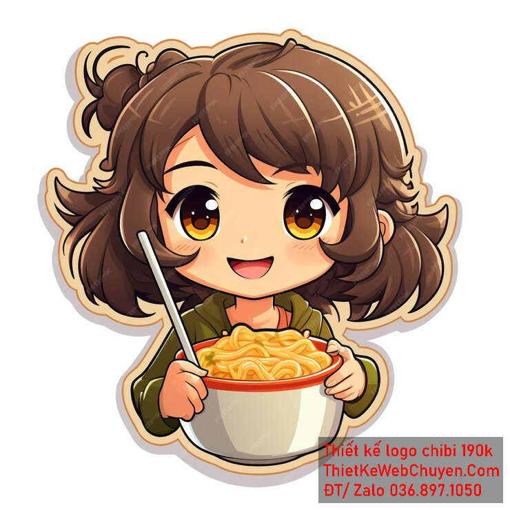 Vẽ chibi ăn vặt bé gái với áo xanh, tóc nâu, đang ăn mì và biểu cảm vui vẻ để thiết kế logo Vẽ chibi ăn vặt bé gái với áo xanh tóc nâu đang ăn mì và biểu cảm vui vẻ để thiết kế logo