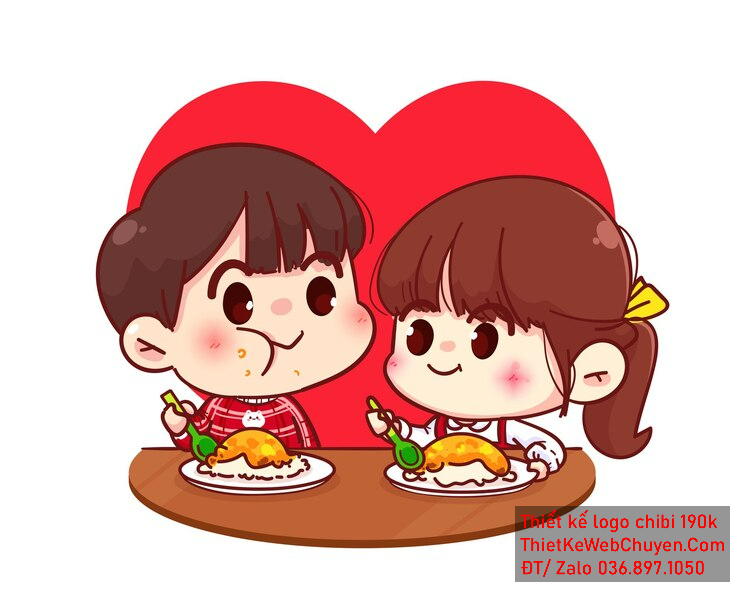 Vẽ chibi ăn vặt cặp đôi với áo đỏ, tóc nâu, hành động ăn cơm, biểu cảm dễ thương để thiết kế logo Vẽ chibi ăn vặt cặp đôi với áo đỏ tóc nâu hành động ăn cơm biểu cảm dễ thương để thiết kế logo