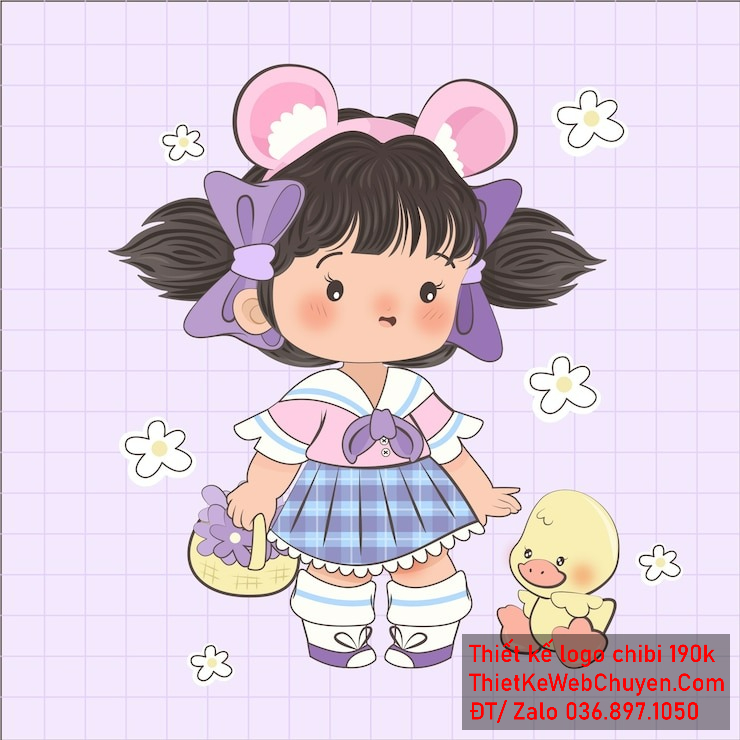 Vẽ chibi bé gái áo hồng xanh, tóc đen, cầm giỏ hoa, khuôn mặt ngây thơ để thiết kế logo Vẽ chibi bé gái áo hồng xanh, tóc đen, cầm giỏ hoa, khuôn mặt ngây thơ để thiết kế logo