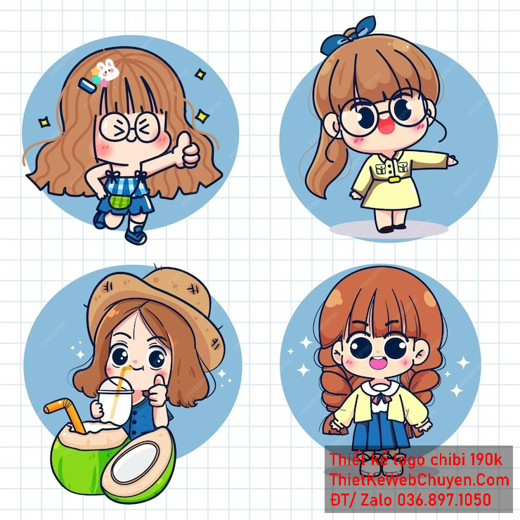 Vẽ chibi bé gái áo nhiều màu sắc, tóc nâu dài, nhiều hành động, biểu cảm đa dạng để thiết kế logo Vẽ chibi bé gái áo nhiều màu sắc, tóc nâu dài, nhiều hành động, biểu cảm đa dạng để thiết kế logo