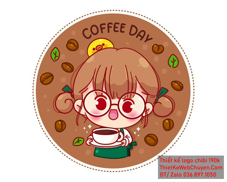 Vẽ chibi bé gái áo tạp dề xanh, tóc nâu, cầm tách cà phê, biểu cảm vui vẻ để thiết kế logo Vẽ chibi bé gái áo tạp dề xanh, tóc nâu, cầm tách cà phê, biểu cảm vui vẻ để thiết kế logo