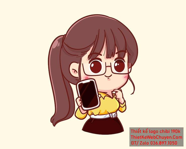 Vẽ chibi bé gái áo vàng, tóc nâu buộc cao, cầm điện thoại, biểu cảm tự tin để thiết kế logo