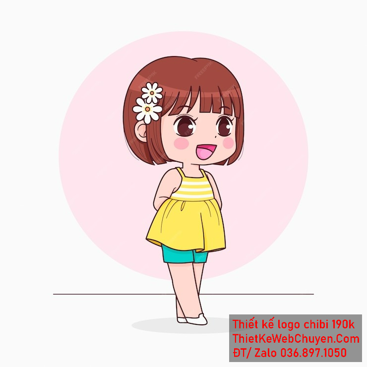 Vẽ chibi bé gái áo vàng, tóc nâu ngắn, đứng cười tươi với hoa trên tóc để thiết kế logo