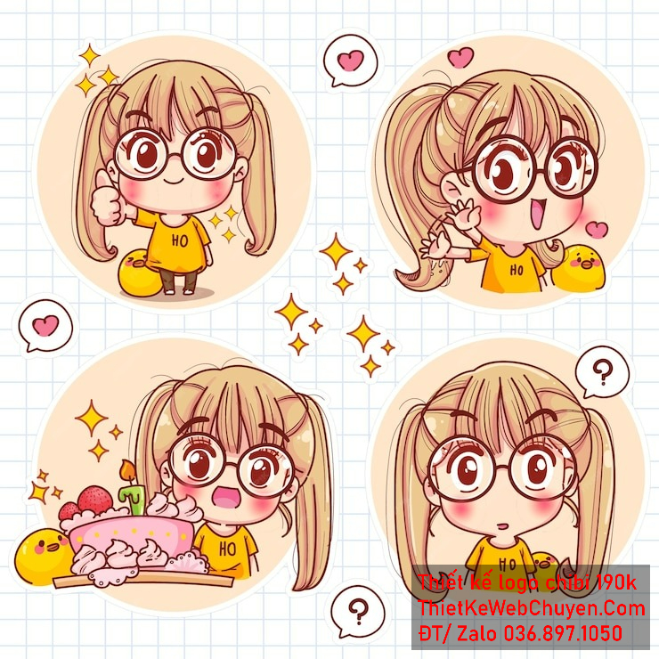 Vẽ chibi bé gái áo vàng, tóc vàng buộc cao, cử chỉ tay đa dạng, biểu cảm phong phú để thiết kế logo