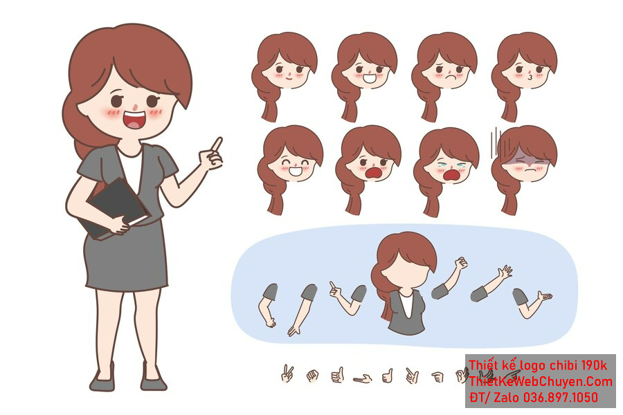 Vẽ chibi bé gái áo xám, tóc nâu, cầm sách, biểu cảm đa dạng để thiết kế logo Vẽ chibi bé gái áo xám, tóc nâu, cầm sách, biểu cảm đa dạng để thiết kế logo