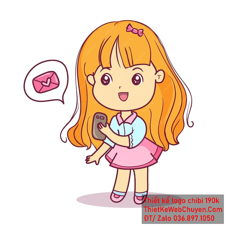 Vẽ chibi bé gái áo xanh nhạt, tóc cam, cầm điện thoại, khuôn mặt vui vẻ để thiết kế logo