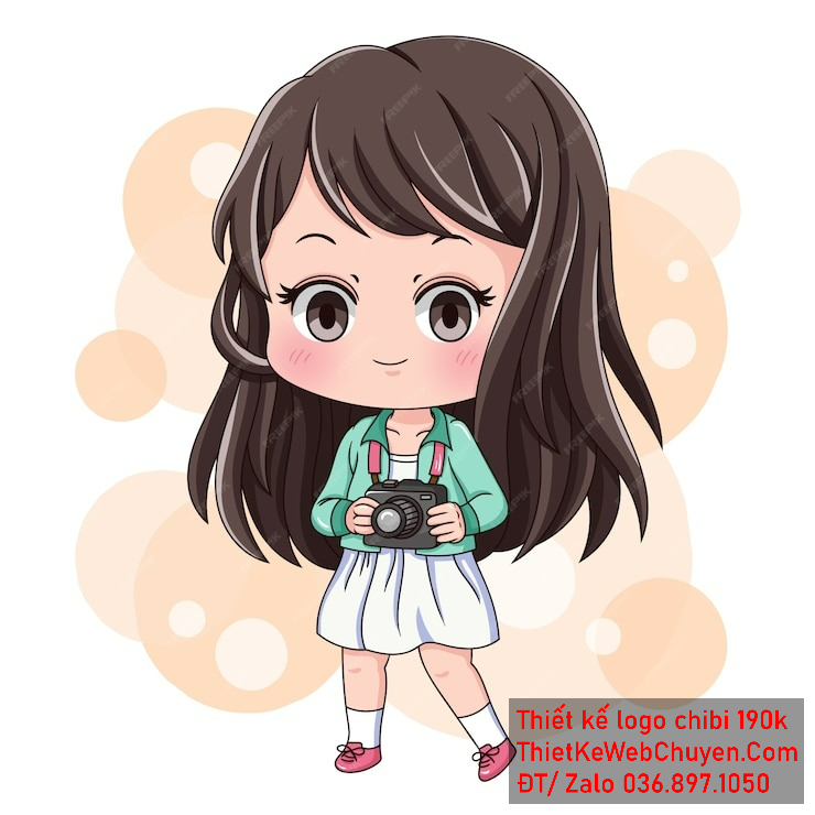 Vẽ chibi bé gái áo xanh, tóc nâu, cầm máy ảnh, biểu cảm dễ thương để thiết kế logo Vẽ chibi bé gái áo xanh, tóc nâu, cầm máy ảnh, biểu cảm dễ thương để thiết kế logo