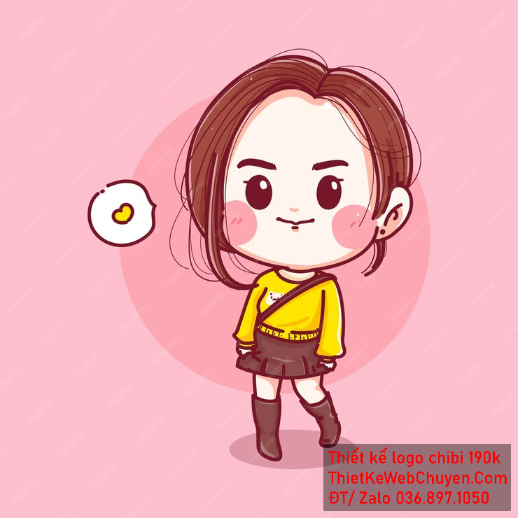 Vẽ chibi bé gái mặc áo vàng, tóc nâu, đang đứng tạo dáng, biểu cảm ngây thơ để thiết kế logo