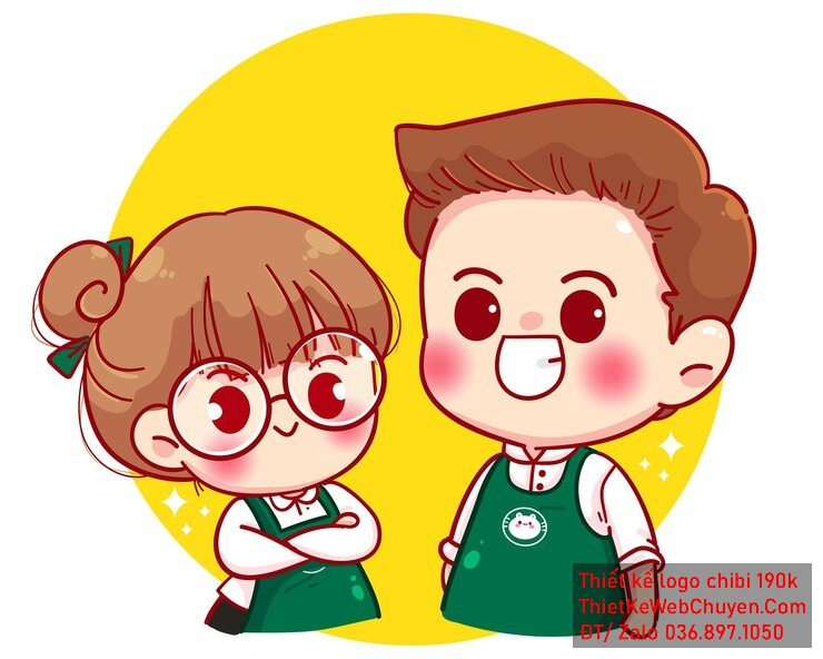 Vẽ chibi bé gái tóc nâu búi, bé trai tóc nâu, cả hai mặc tạp dề xanh lá, biểu cảm vui vẻ để thiết kế logo Vẽ chibi bé gái tóc nâu búi, bé trai tóc nâu, cả hai mặc tạp dề xanh lá, biểu cảm vui vẻ để thiết kế logo