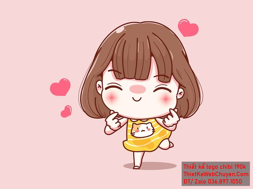 Vẽ chibi bé gái váy vàng, tóc nâu, tạo hình trái tim tay, biểu cảm vui vẻ để thiết kế logo