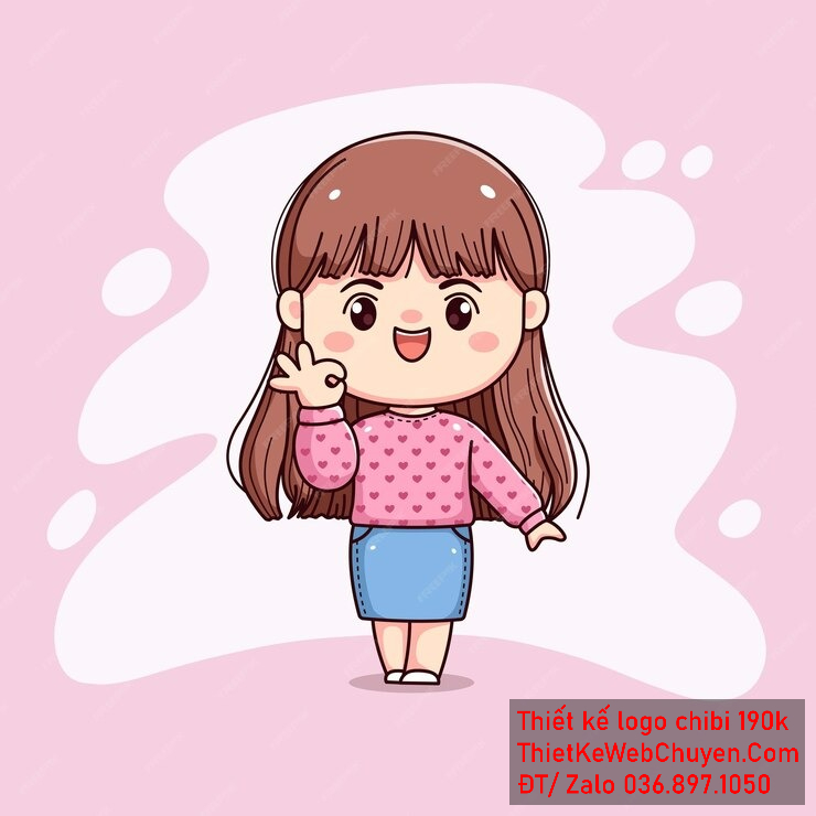 Vẽ chibi bé gái với áo hồng họa tiết trái tim, tóc nâu dài, hành động giơ tay OK và biểu cảm vui vẻ để thiết kế logo Vẽ chibi bé gái với áo hồng họa tiết trái tim, tóc nâu dài, hành động giơ tay OK và biểu cảm vui vẻ để thiết kế logo