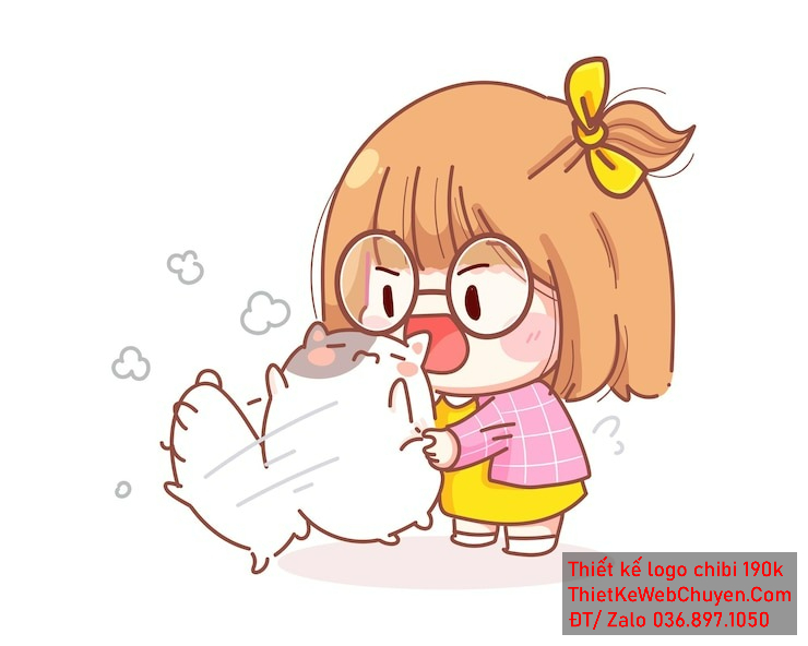 Vẽ chibi bé gái với áo hồng, tóc vàng, hành động cầm thú cưng và biểu cảm nghiêm nghị để thiết kế logo