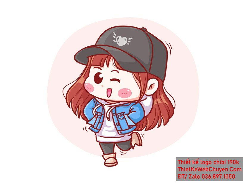 Vẽ chibi bé gái với áo khoác xanh, tóc nâu, hành động bước đi và biểu cảm nháy mắt để thiết kế logo