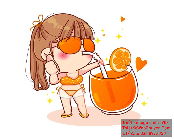 Vẽ chibi bé gái với màu áo bikini cam, màu tóc nâu, hành động uống nước cam, biểu cảm thư giãn để thiết kế logo Vẽ chibi bé gái với màu áo bikini cam, màu tóc nâu, hành động uống nước cam, biểu cảm thư giãn để thiết kế logo