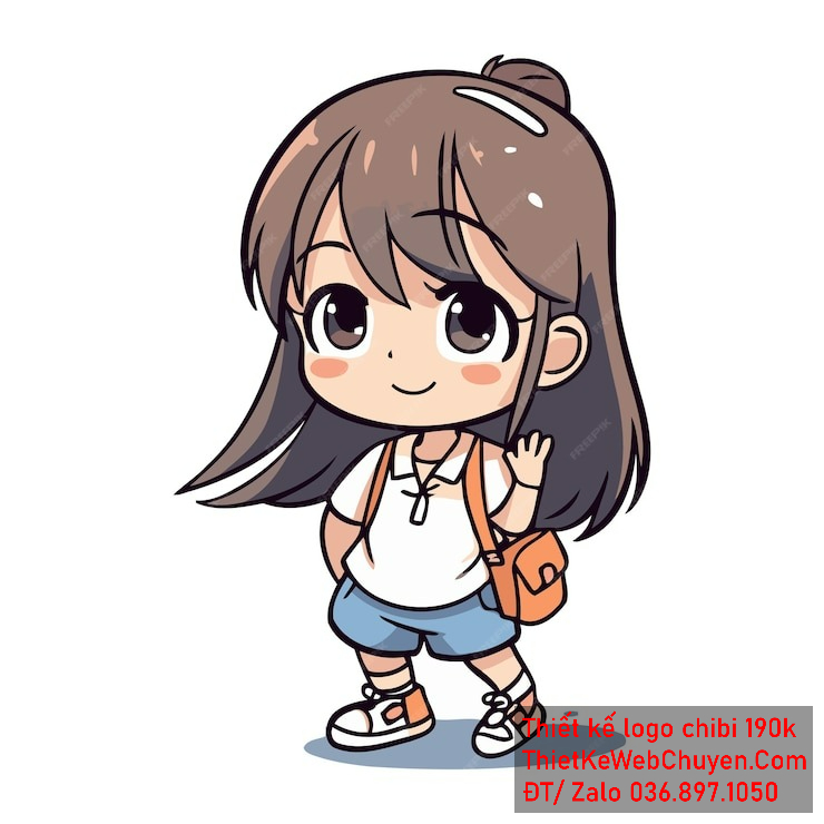Vẽ chibi bé gái với màu áo trắng, tóc nâu, hành động vẫy tay chào và biểu cảm vui vẻ để thiết kế logo