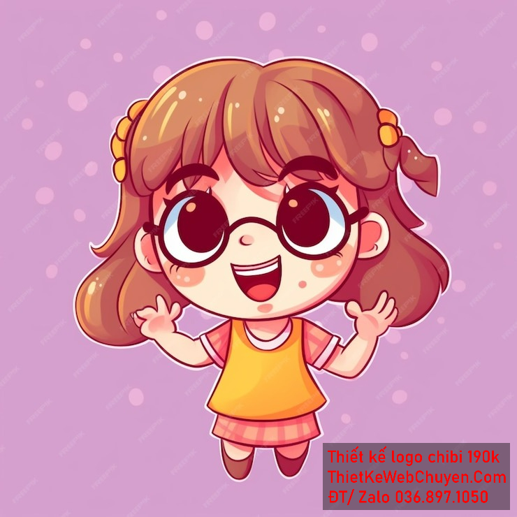 Vẽ chibi bé gái với màu áo vàng, tóc nâu, hành động giơ tay và biểu cảm vui tươi để thiết kế logo Vẽ chibi bé gái với màu áo vàng, tóc nâu, hành động giơ tay và biểu cảm vui tươi để thiết kế logo