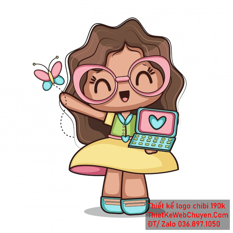 Vẽ chibi bé gái với màu áo xanh lá, màu tóc nâu xoăn, hành động giơ tay chào và cầm laptop, biểu cảm vui vẻ để thiết kế logo Vẽ chibi bé gái với màu áo xanh lá, màu tóc nâu xoăn, hành động giơ tay chào và cầm laptop, biểu cảm vui vẻ để thiết kế logo