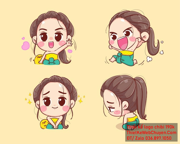 Vẽ chibi bé gái với màu áo xanh, tóc nâu, hành động dễ thương và biểu cảm đa dạng để thiết kế logo Vẽ chibi bé gái với màu áo xanh, tóc nâu, hành động dễ thương và biểu cảm đa dạng để thiết kế logo