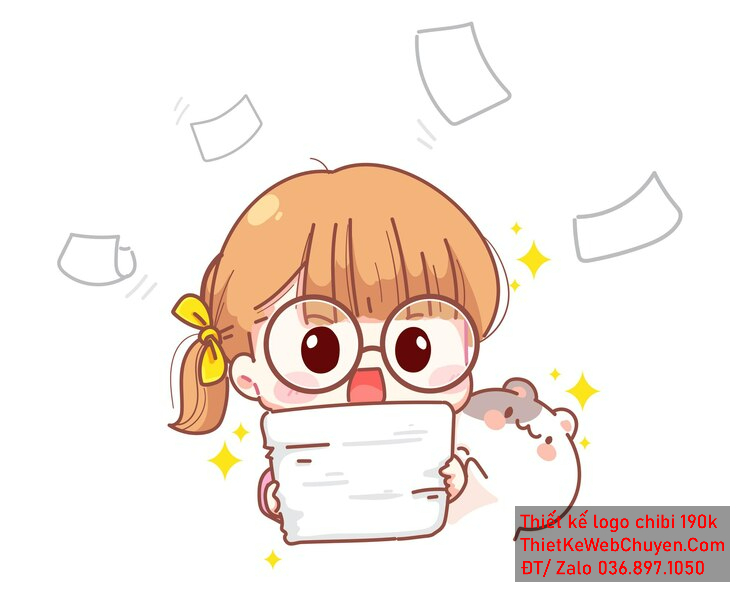 Vẽ chibi bé gái với tóc vàng, biểu cảm ngạc nhiên và hành động đọc giấy tờ để thiết kế logo