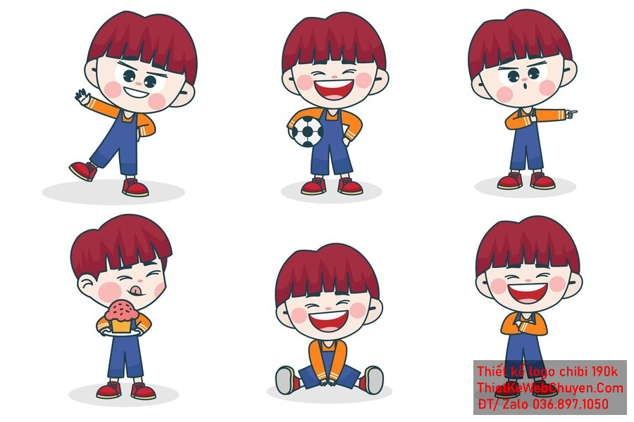 Vẽ chibi bé trai áo cam, tóc đỏ, nhiều hành động vui vẻ, biểu cảm phong phú để thiết kế logo Vẽ chibi bé trai áo cam, tóc đỏ, nhiều hành động vui vẻ, biểu cảm phong phú để thiết kế logo