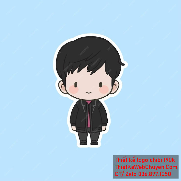Vẽ chibi bé trai áo đen, tóc đen, đứng thẳng, khuôn mặt cười nhẹ để thiết kế logo Vẽ chibi bé trai áo đen, tóc đen, đứng thẳng, khuôn mặt cười nhẹ để thiết kế logo