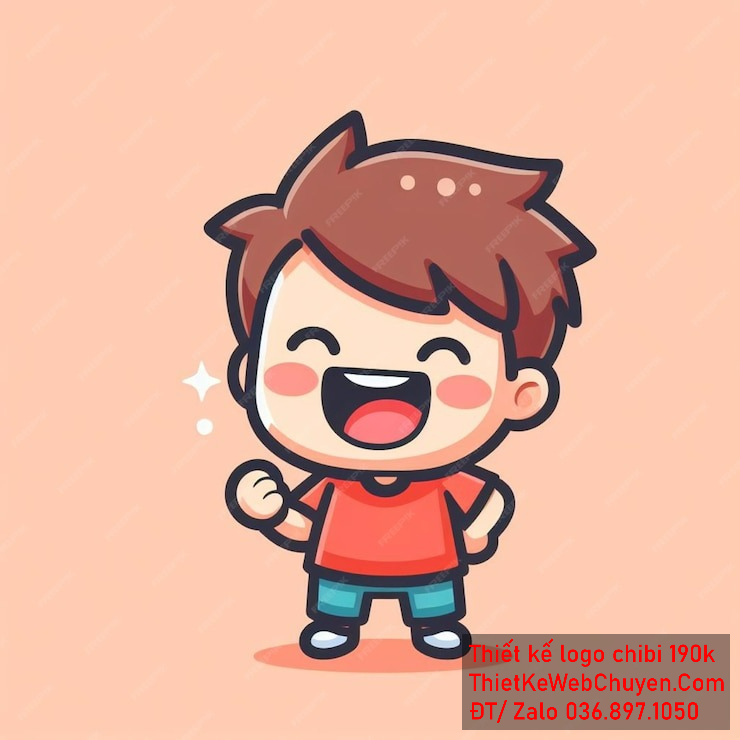 Vẽ chibi bé trai áo đỏ, tóc nâu, hành động vui vẻ giơ tay lên, cười tươi để thiết kế logo Vẽ chibi bé trai áo đỏ, tóc nâu, hành động vui vẻ giơ tay lên, cười tươi để thiết kế logo