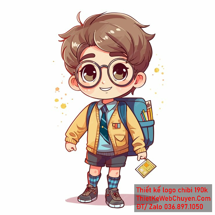 Vẽ chibi bé trai áo khoác vàng, tóc nâu, hành động đeo balo và cầm sách, biểu cảm vui tươi để thiết kế logo