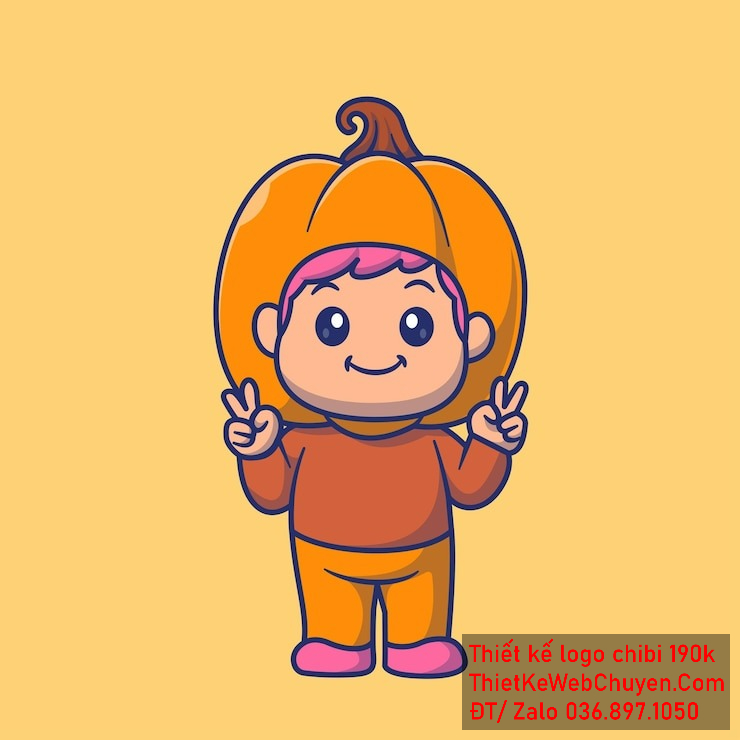 Vẽ chibi bé trai áo nâu, tóc hồng, giơ tay tạo dáng chiến thắng, khuôn mặt tươi cười để thiết kế logo