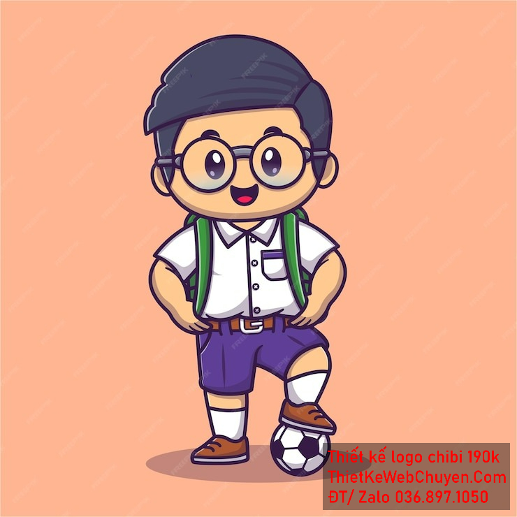 Vẽ chibi bé trai áo trắng, tóc đen, đá bóng, biểu cảm vui vẻ để thiết kế logo
