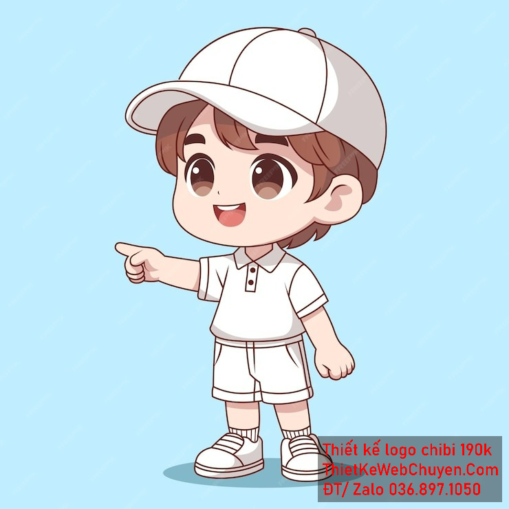 Vẽ chibi bé trai áo trắng, tóc nâu, đang chỉ tay, biểu cảm vui vẻ để thiết kế logo Vẽ chibi bé trai áo trắng, tóc nâu, đang chỉ tay, biểu cảm vui vẻ để thiết kế logo