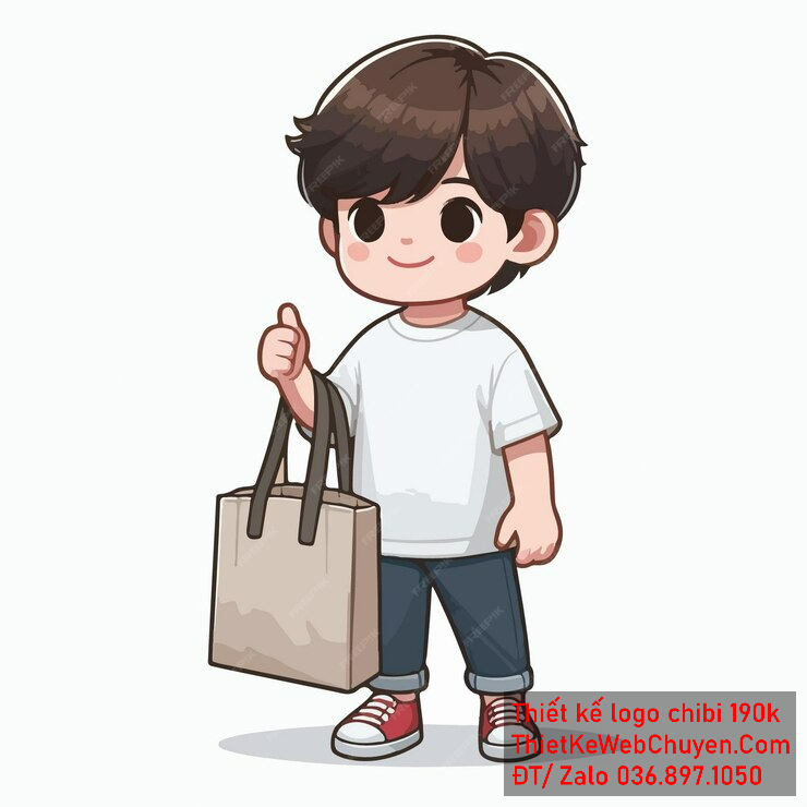 Vẽ chibi bé trai áo trắng, tóc nâu, hành động cầm túi, biểu cảm vui vẻ để thiết kế logo Vẽ chibi bé trai áo trắng, tóc nâu, hành động cầm túi, biểu cảm vui vẻ để thiết kế logo