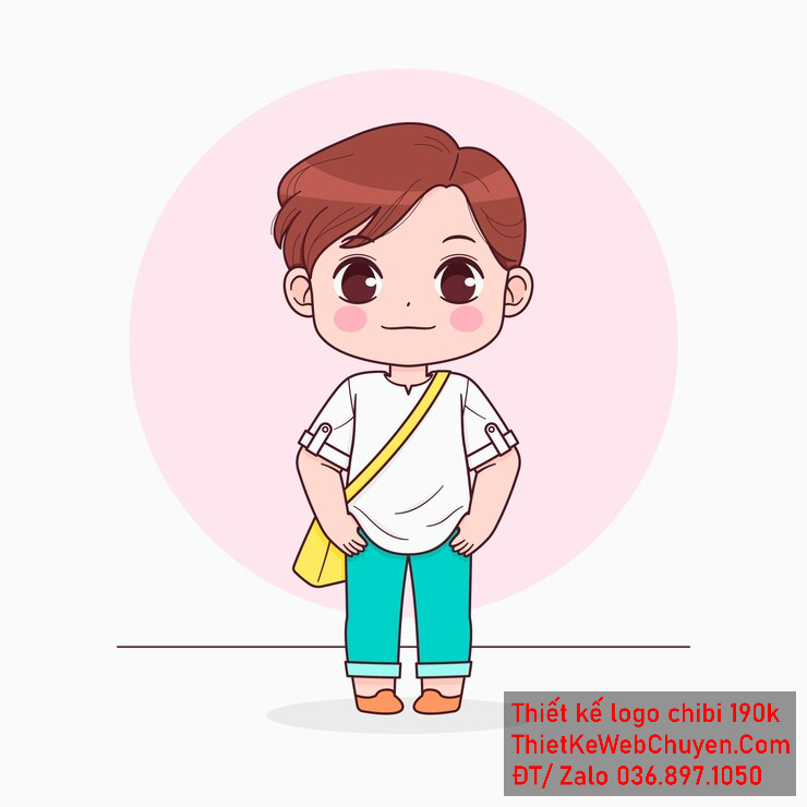 Vẽ chibi bé trai áo trắng, tóc nâu, hành động đứng thẳng tay đút túi, biểu cảm tự tin để thiết kế logo Vẽ chibi bé trai áo trắng, tóc nâu, hành động đứng thẳng tay đút túi, biểu cảm tự tin để thiết kế logo