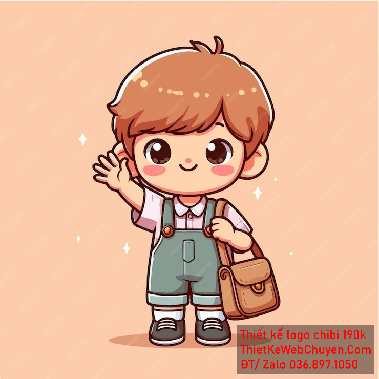 Vẽ chibi bé trai áo trắng, tóc nâu, hành động vẫy tay, biểu cảm cười tươi để thiết kế logo Vẽ chibi bé trai áo trắng, tóc nâu, hành động vẫy tay, biểu cảm cười tươi để thiết kế logo