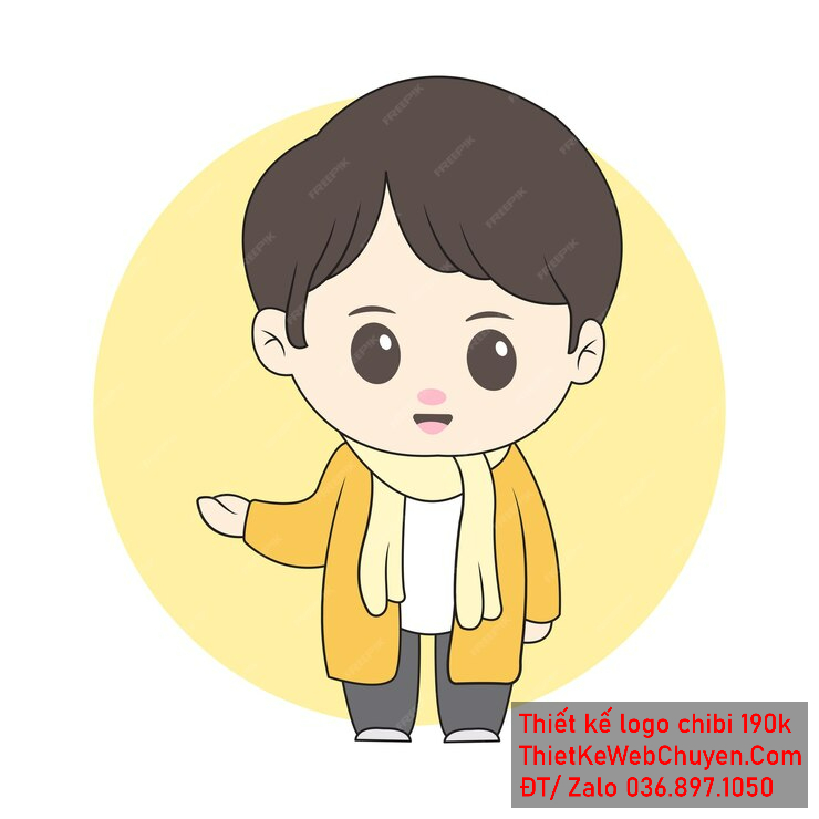 Vẽ chibi bé trai áo vàng, tóc nâu, đưa tay chào, khuôn mặt dễ thương để thiết kế logo